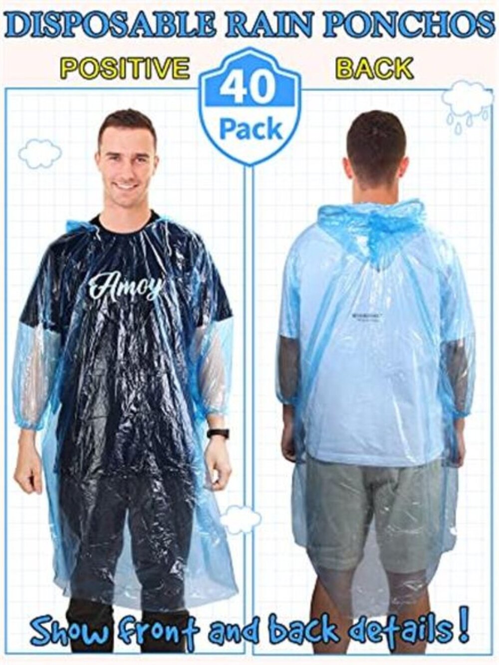 Disposable Rain Ponchos 40 Pack Waterproof Hooded Raincoat Camping Outdoor - Picture 4 of 6